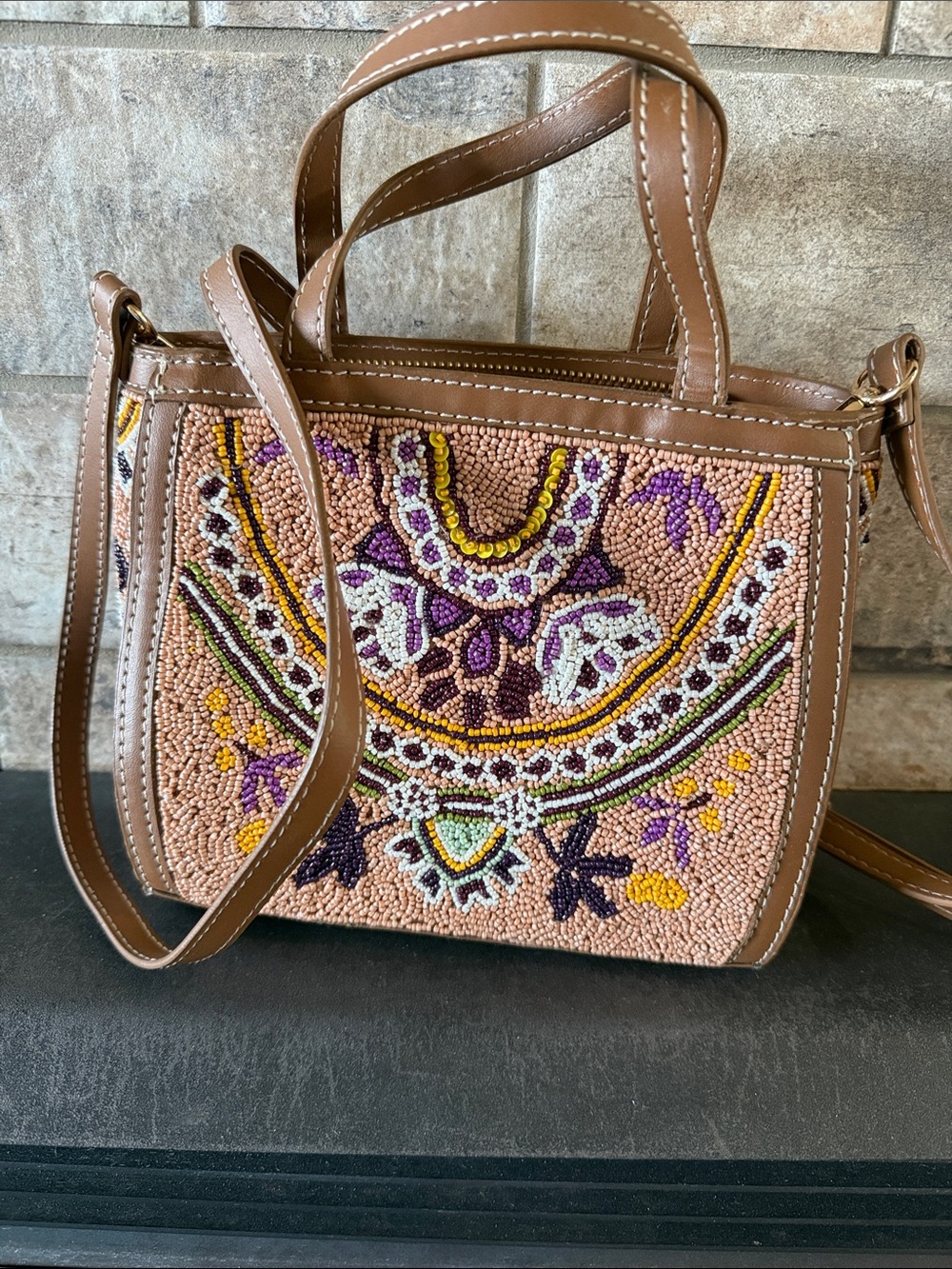 Beaded Embroidered Tan Crossbody Bag